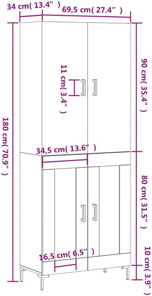 Komoda, betono pilkos spalvos, 69,5x34x180cm, apdirbta mediena