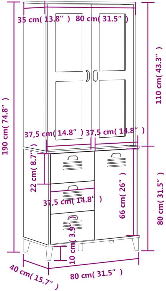 Komoda VIKEN, antracito pilka, 80x40x190cm, pušies masyvas