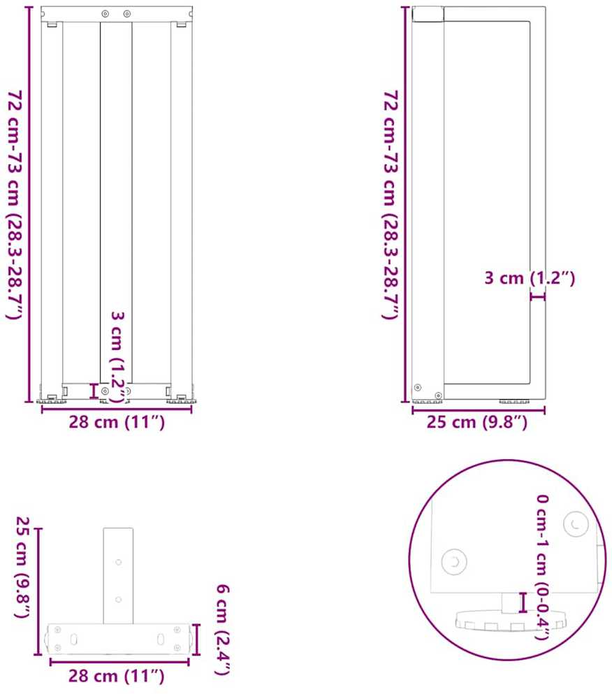 Konsolinio staliuko kojelės, T formos, 2 vnt., juodos, 25x28x(72-73) cm, plienas