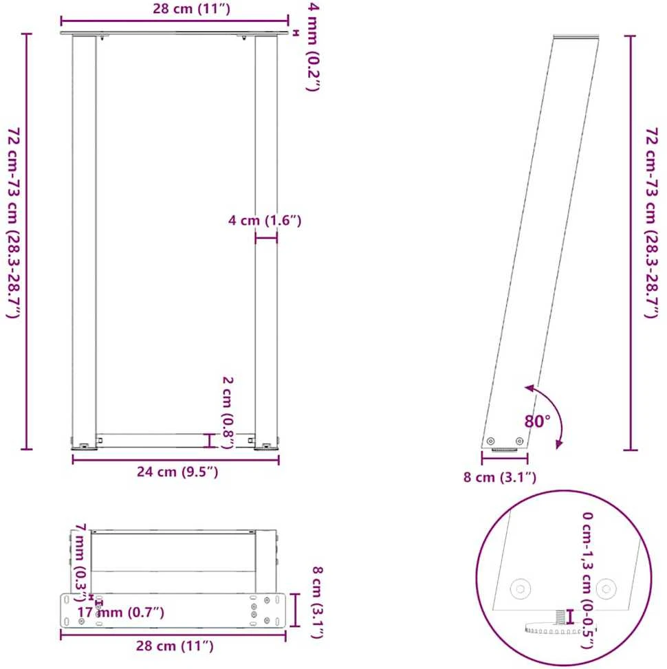 Konsolinio stalo kojelės, U formos, 2 vnt., baltos, 28x(72-73) cm, plienas
