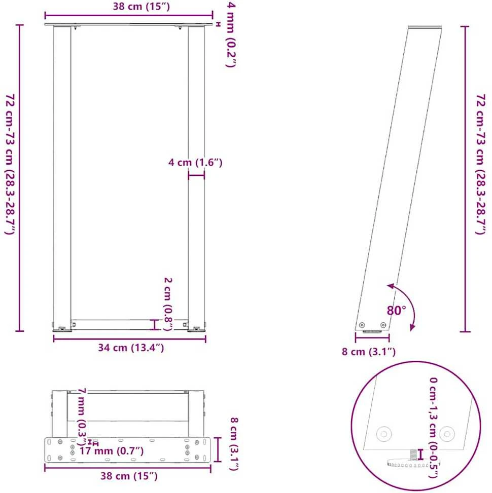 Konsolinio stalo kojelės, U formos, 2 vnt., baltos, 38x(72-73) cm, plienas