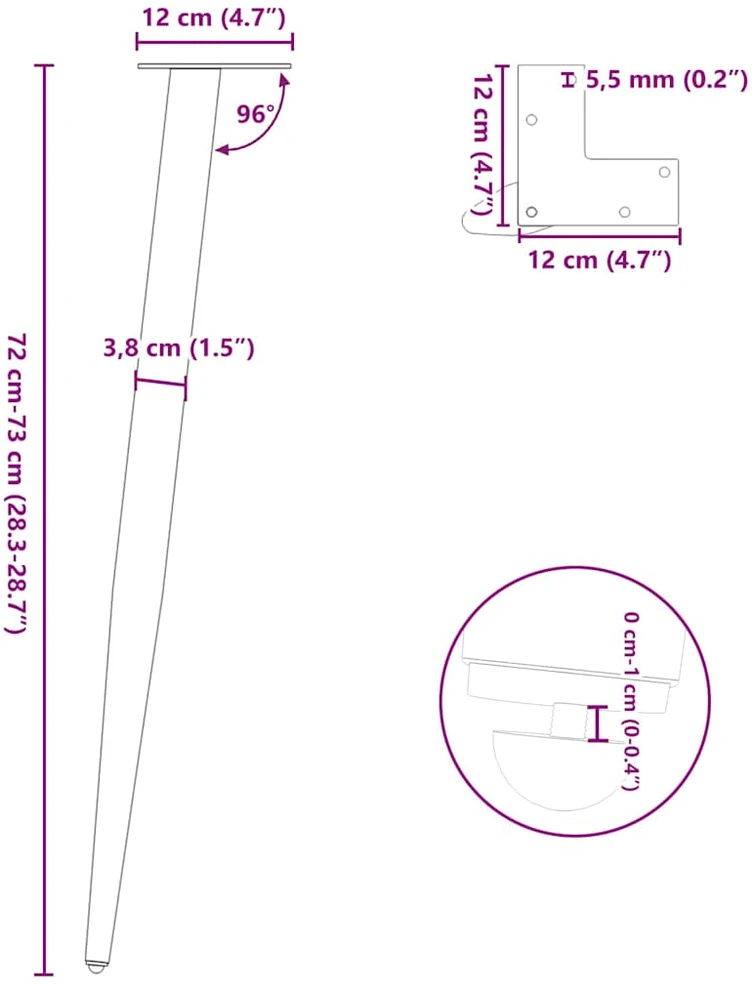 Kavos staliuko kojelės, 4 vnt., juoda, 72-73cm, plienas