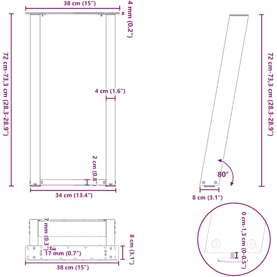 Konsolinio staliuko kojelės, U formos, 2 vnt., juodos, 38x(72-73) cm, plienas