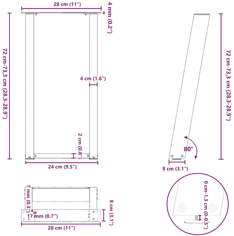 Konsolinio stalo kojelės, U formos, 2 vnt., baltos, 28x(72-73) cm, plienas