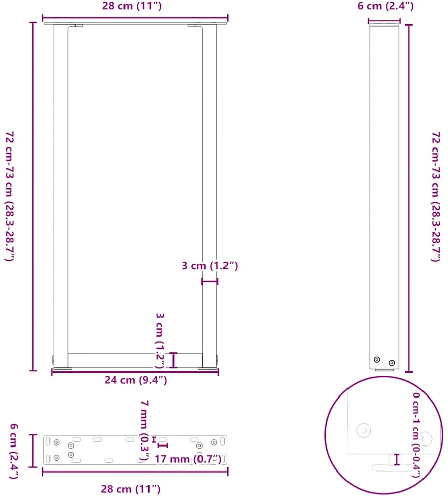 Konsolinio stalo kojelės, U formos, 2 vnt., antracito spalvos, 28x(72-73) cm, plienas