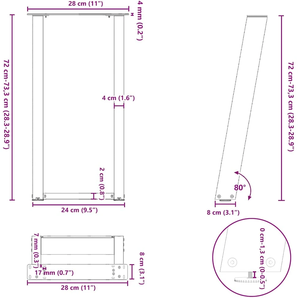 Konsolinio stalo kojelės, U formos, 2 vnt., antracito spalvos, 28x(72-73) cm, plienas