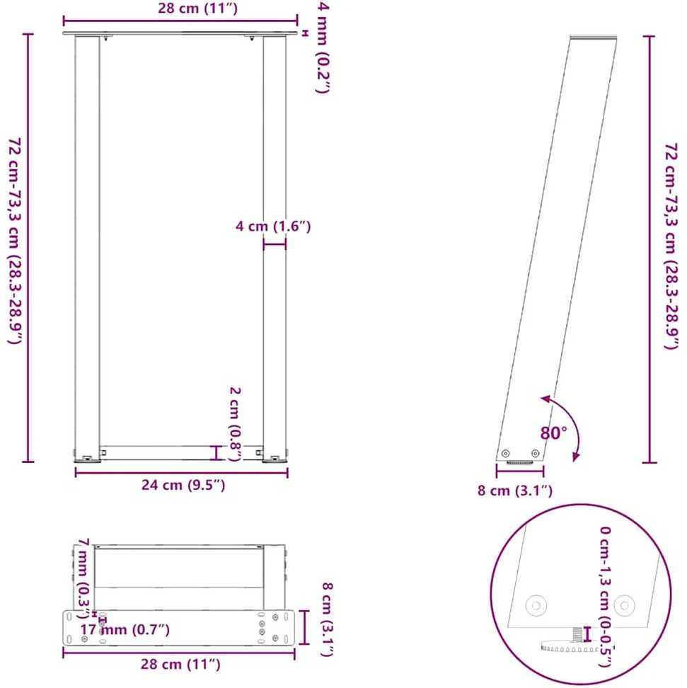 Konsolinio stalo kojelės, U formos, 2 vnt., natūralus plienas, 28x(72-73) cm, plienas