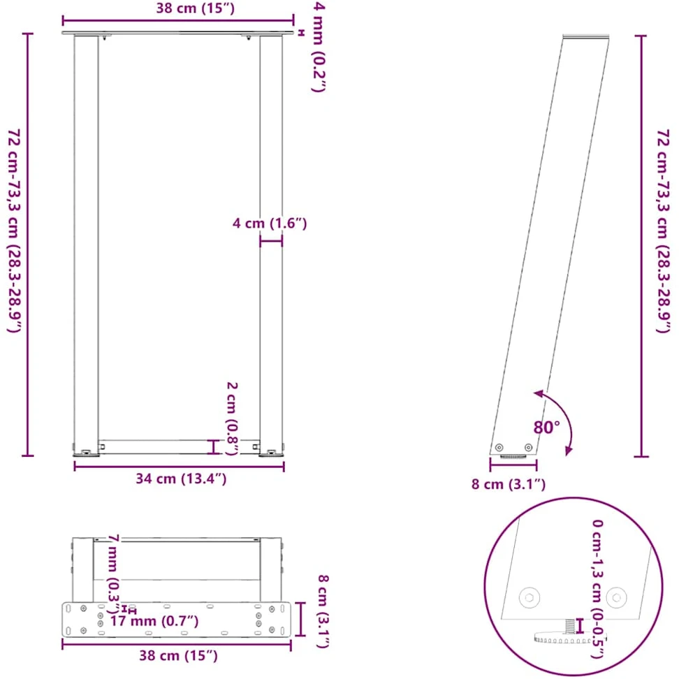 Konsolinio stalo kojos, U formos, 2 vnt., antracito spalvos, 38x(72-73) cm, plienas
