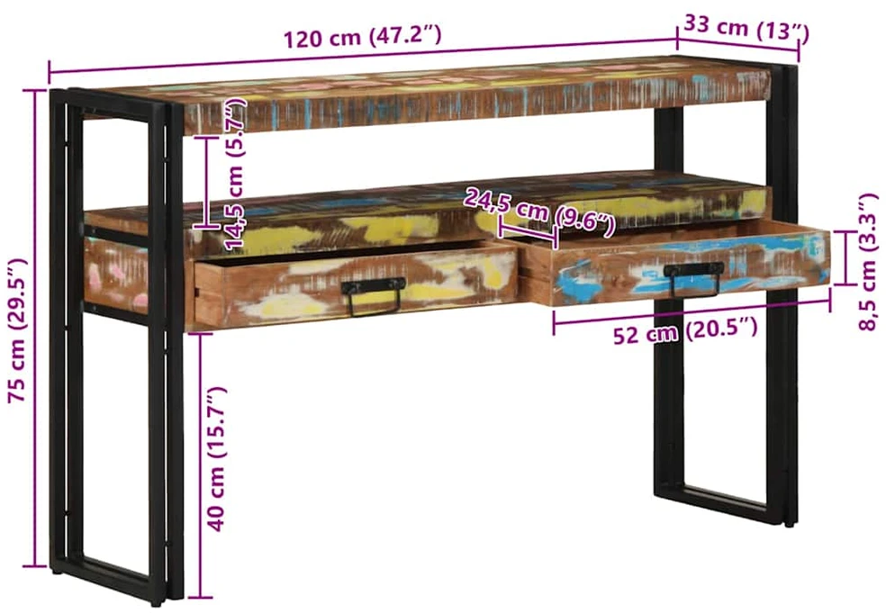 Konsolinis stalas 120 x 33 x 75 cm Kietas atkurtas medis