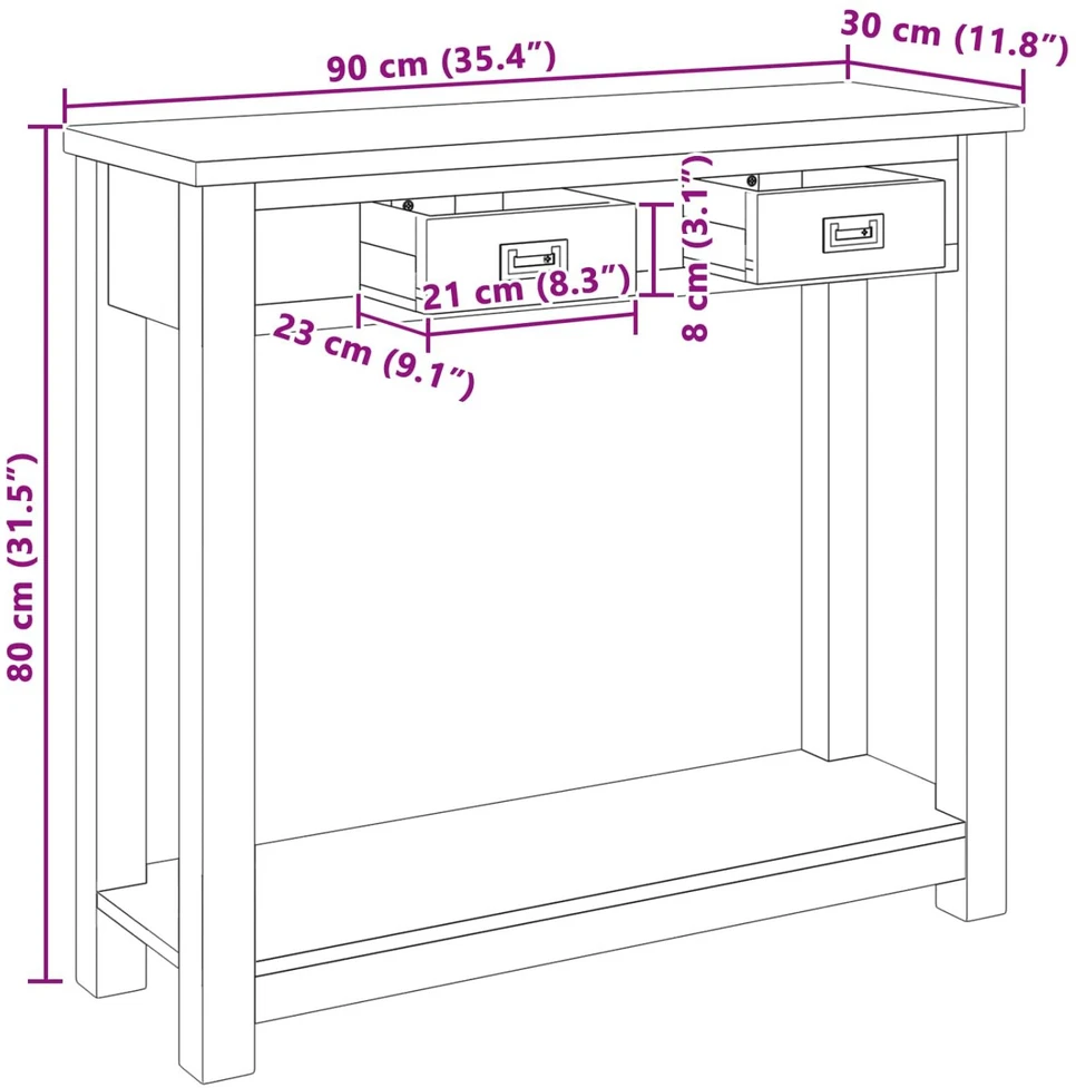 Konsolinis stalas Natūrali 90 x 30 x 80 cm Kieto teka medžio