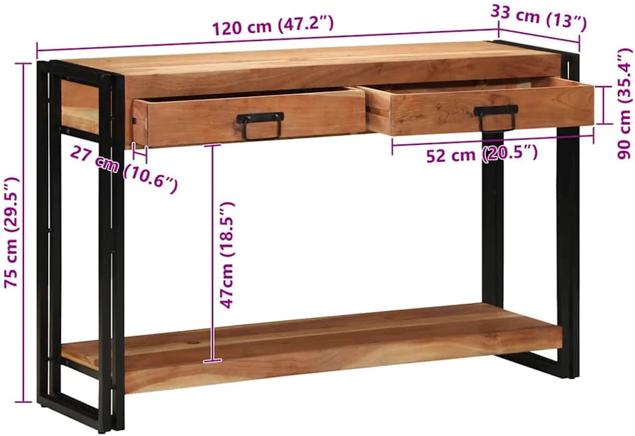 Konsolinis stalas Ruda 120 x 33 x 75 cm Kietos akacijos mediena