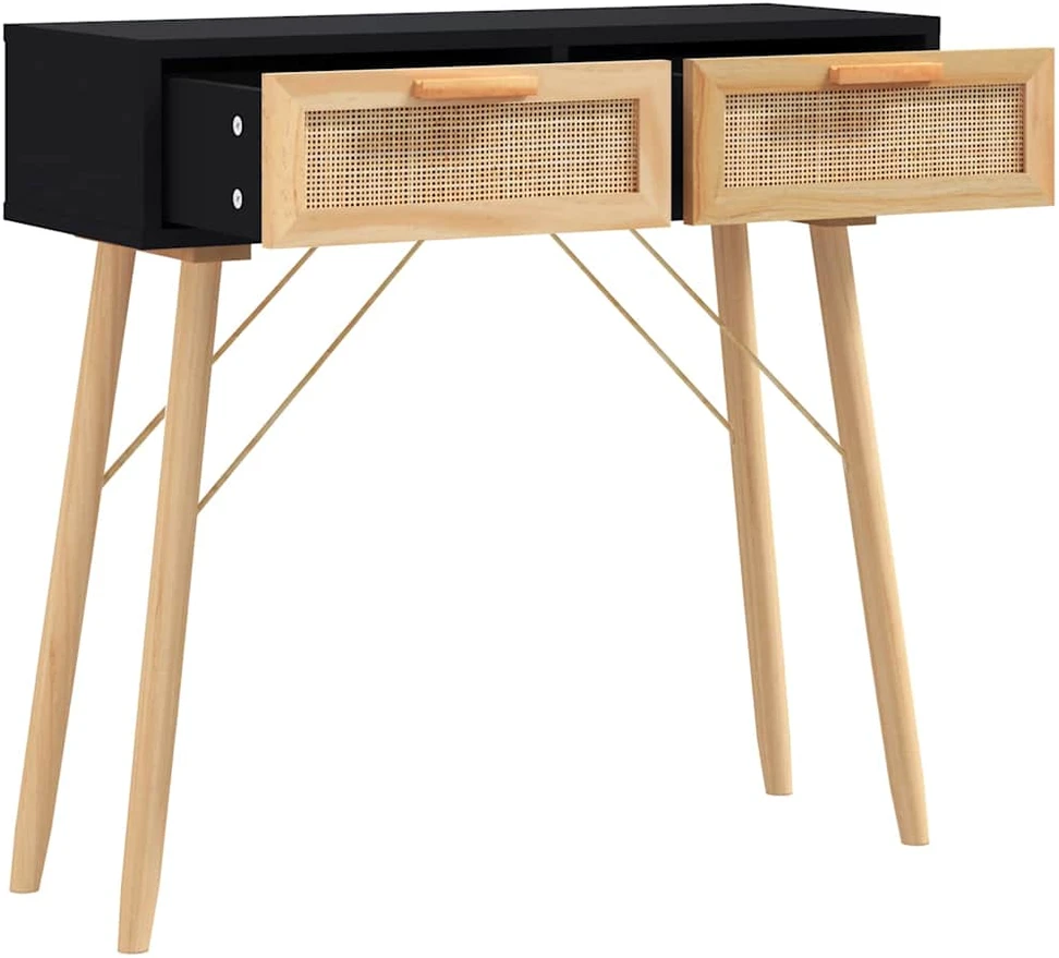 Konsolinis staliukas, juodas, 80x30x75cm, pušis ir ratanas
