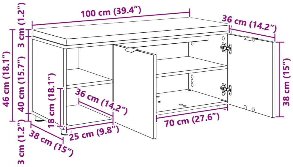 Koridoriaus suolas su pagalve Baltas 100 x 38 x 46 cm
