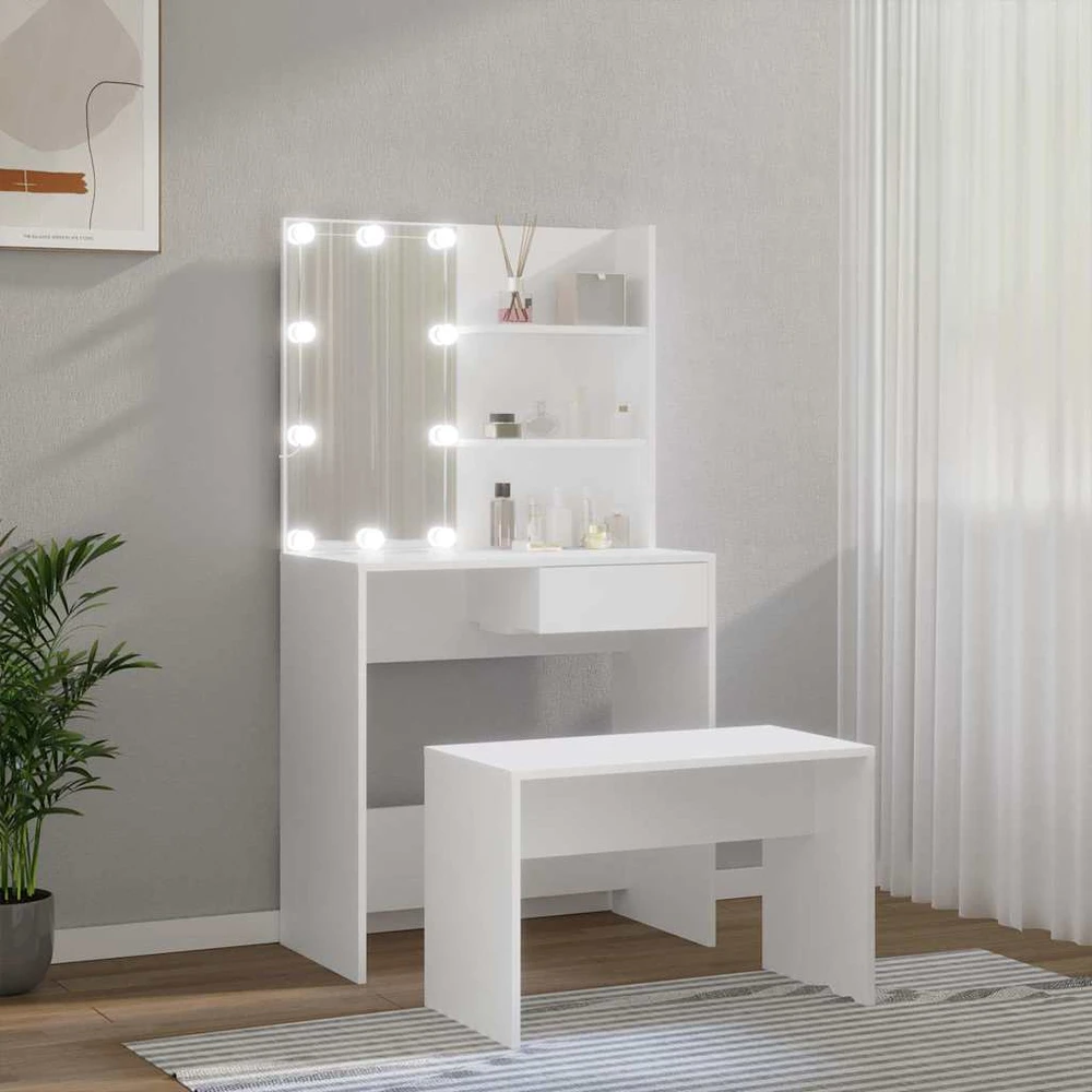 Kosmetinio staliuko komplektas su LED, baltas, apdirbta mediena