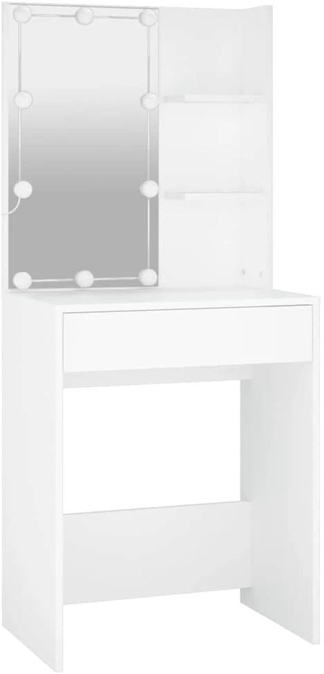 Kosmetinio staliuko komplektas su LED, baltas, apdirbta mediena