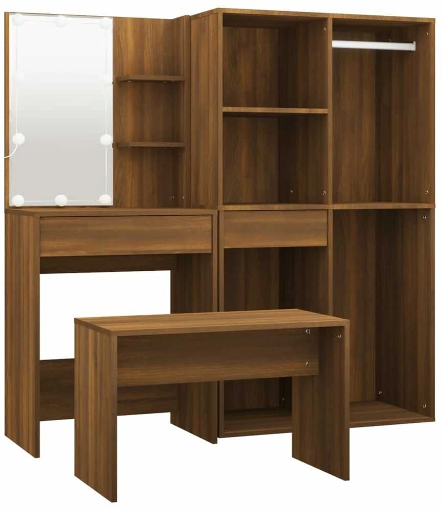 Kosmetinio staliuko komplektas su LED, rudas ąžuolo, mediena