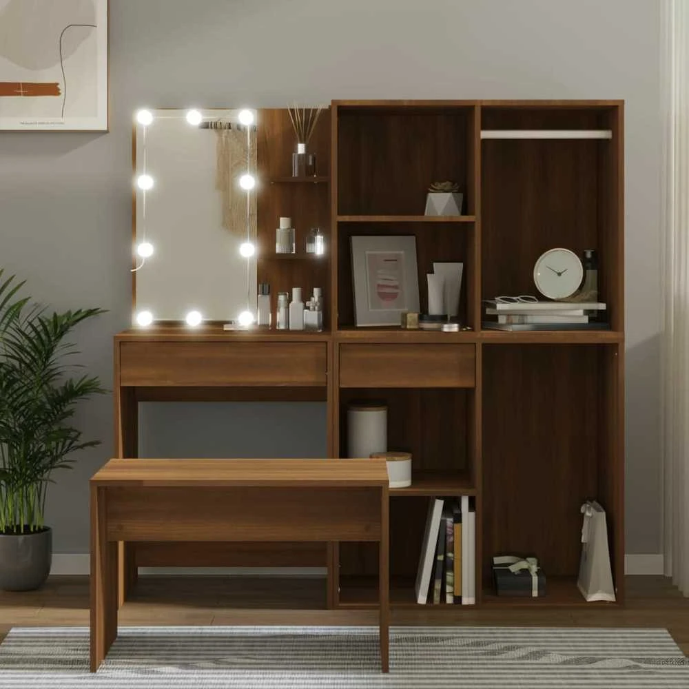 Kosmetinio staliuko komplektas su LED, rudas ąžuolo, mediena