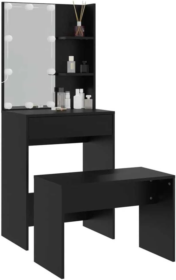 Kosmetinio staliuko su LED komplektas, juodas, apdirbta mediena