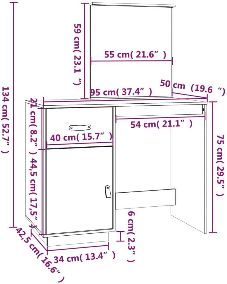Kosmetinis staliukas, medaus rudas, 95x50x134cm, pušies masyvas