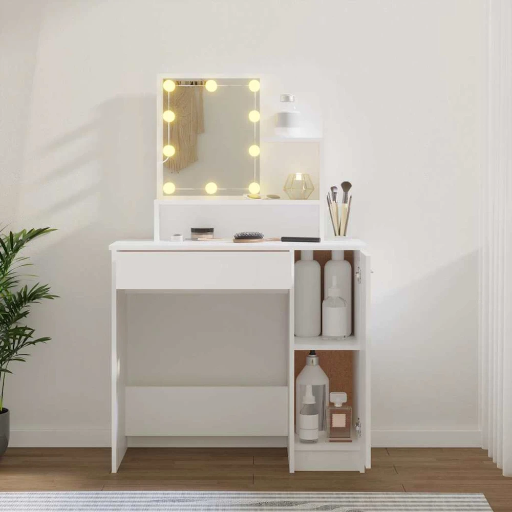 Kosmetinis staliukas su LED apšvietimu, baltas, 86,5x35x136cm