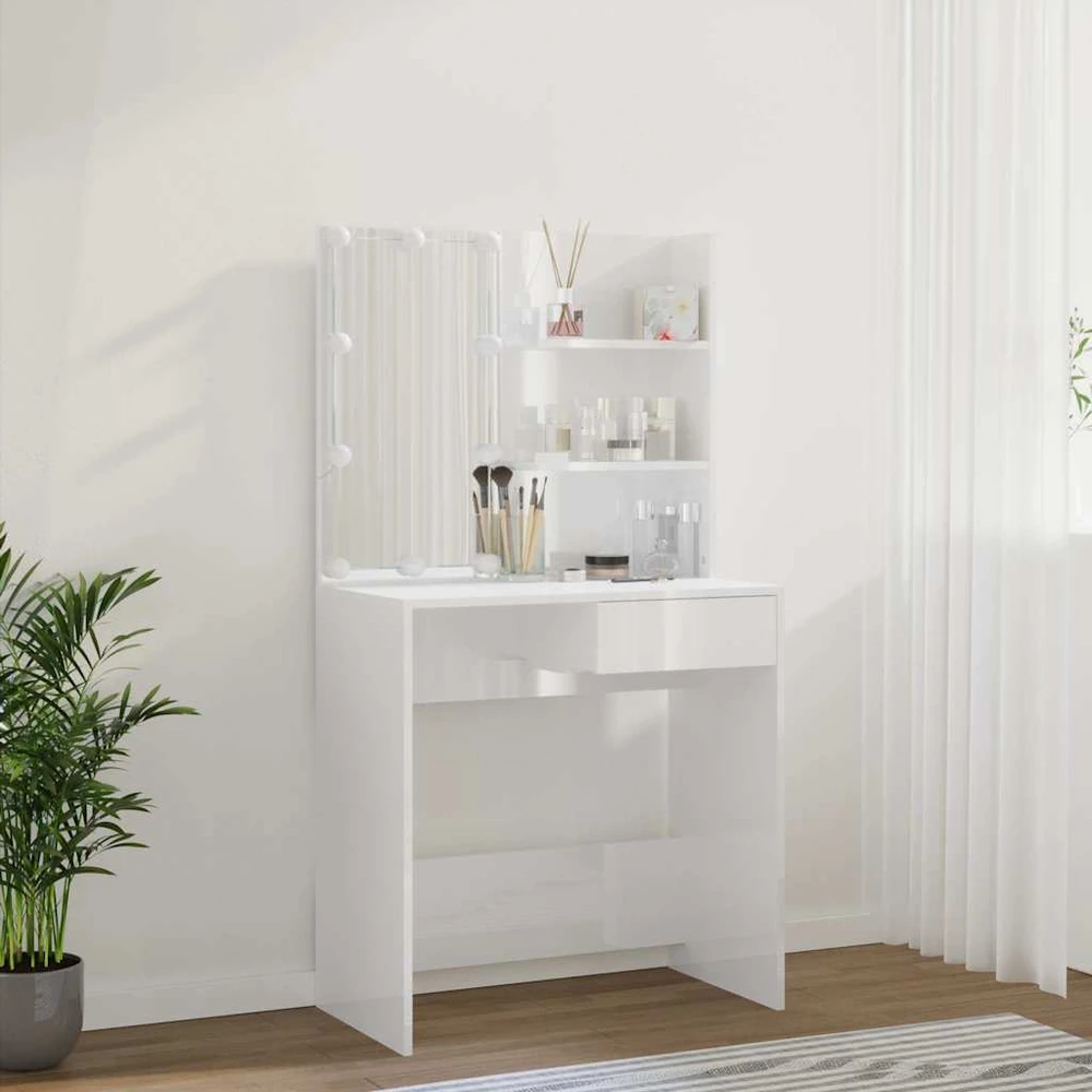 Kosmetinis staliukas su LED, baltas, 74,5x40x141cm, blizgus