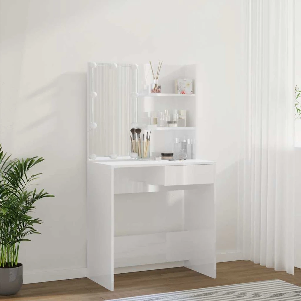 Kosmetinis staliukas su LED, baltas, 74,5x40x141cm, blizgus