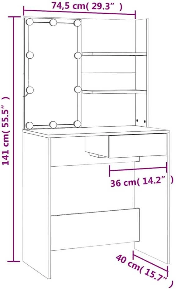 Kosmetinis staliukas su LED, baltas, 74,5x40x141cm, blizgus