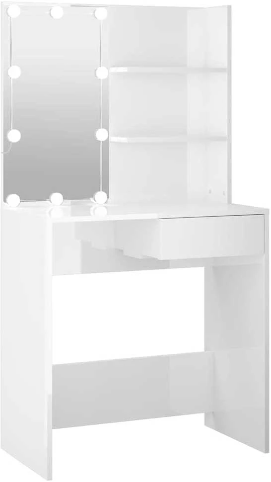 Kosmetinis staliukas su LED, baltas, 74,5x40x141cm, blizgus