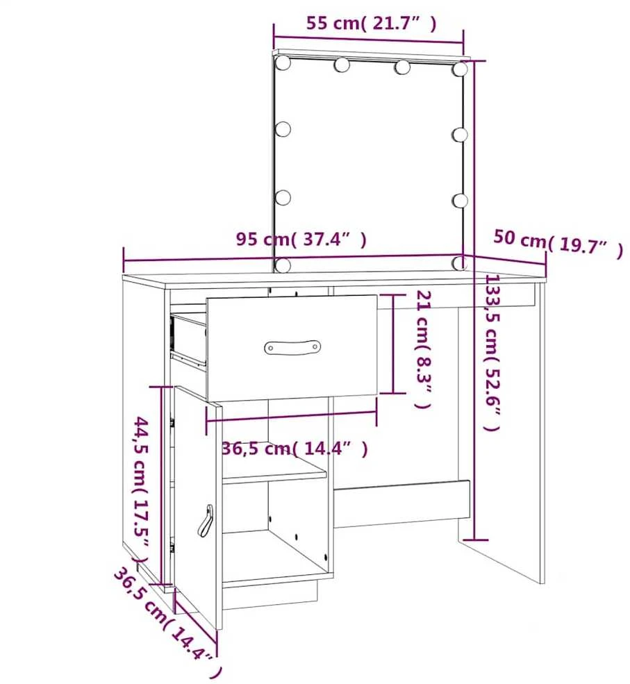 Kosmetinis staliukas su LED, baltas, 95x50x133,5cm, pušis