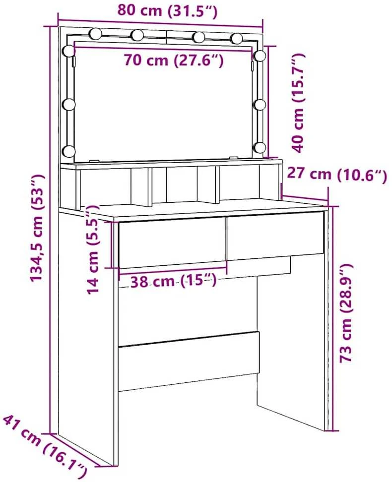 Kosmetinis staliukas su LED, baltos spalvos, 80x41x134,5cm