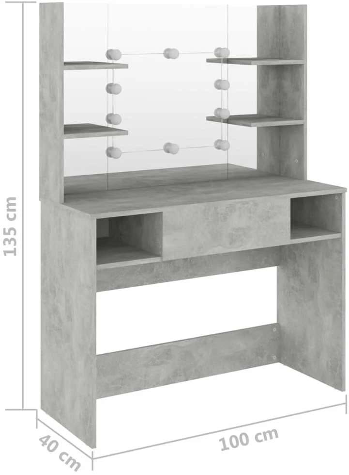 Kosmetinis staliukas su LED, betono pilkas, 100x40x135cm, MDF
