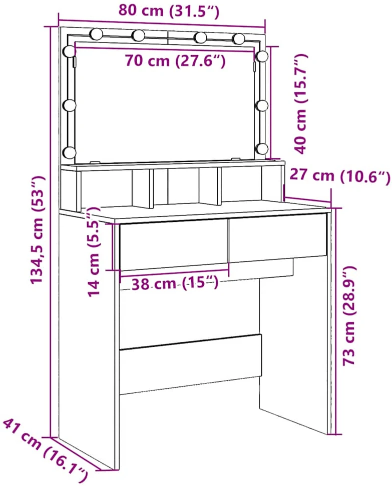Kosmetinis staliukas su LED, betono pilkas, 80x41x134,5cm