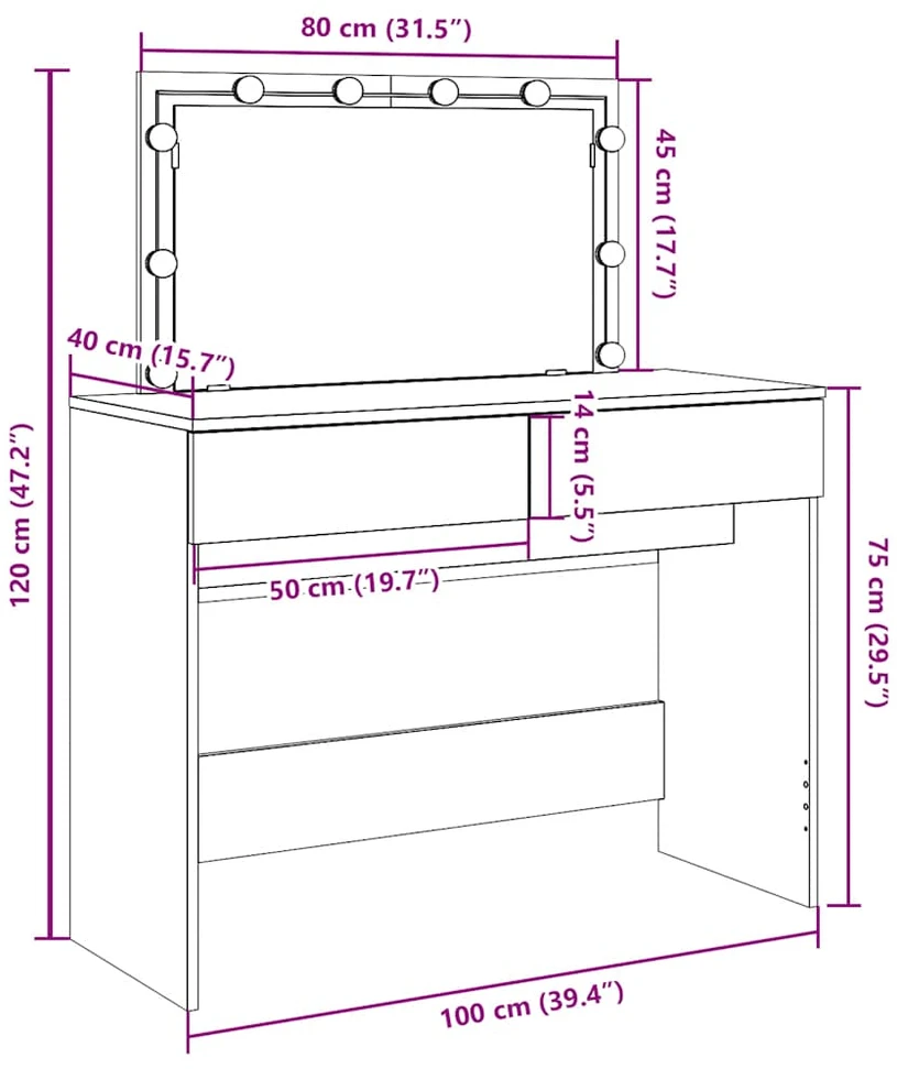Kosmetinis staliukas su LED, betono pilkas, 100x40x120cm