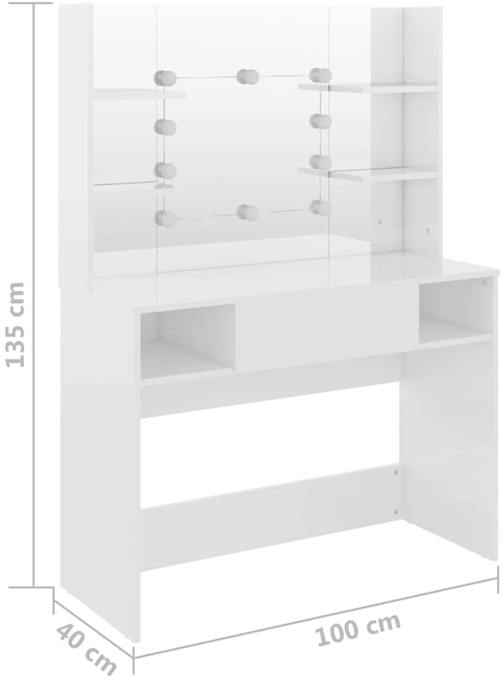 Kosmetinis staliukas su LED, blizgus baltas, 100x40x135cm, MDF