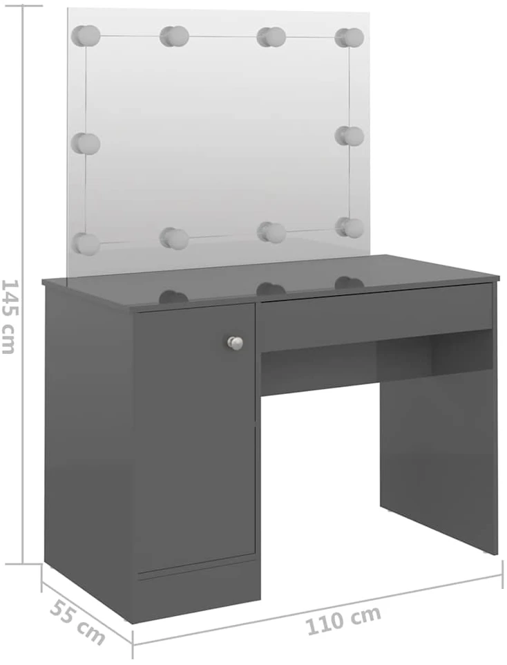 Kosmetinis staliukas su LED, blizgus pilkas, 110x55x145cm, MDF