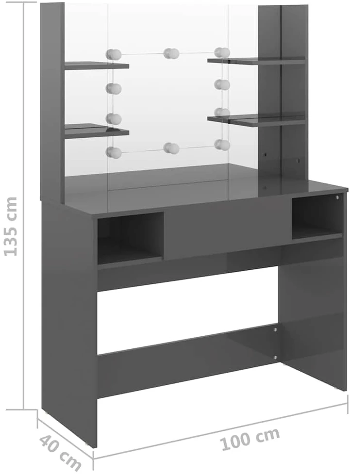 Kosmetinis staliukas su LED, blizgus pilkas, 100x40x135cm, MDF