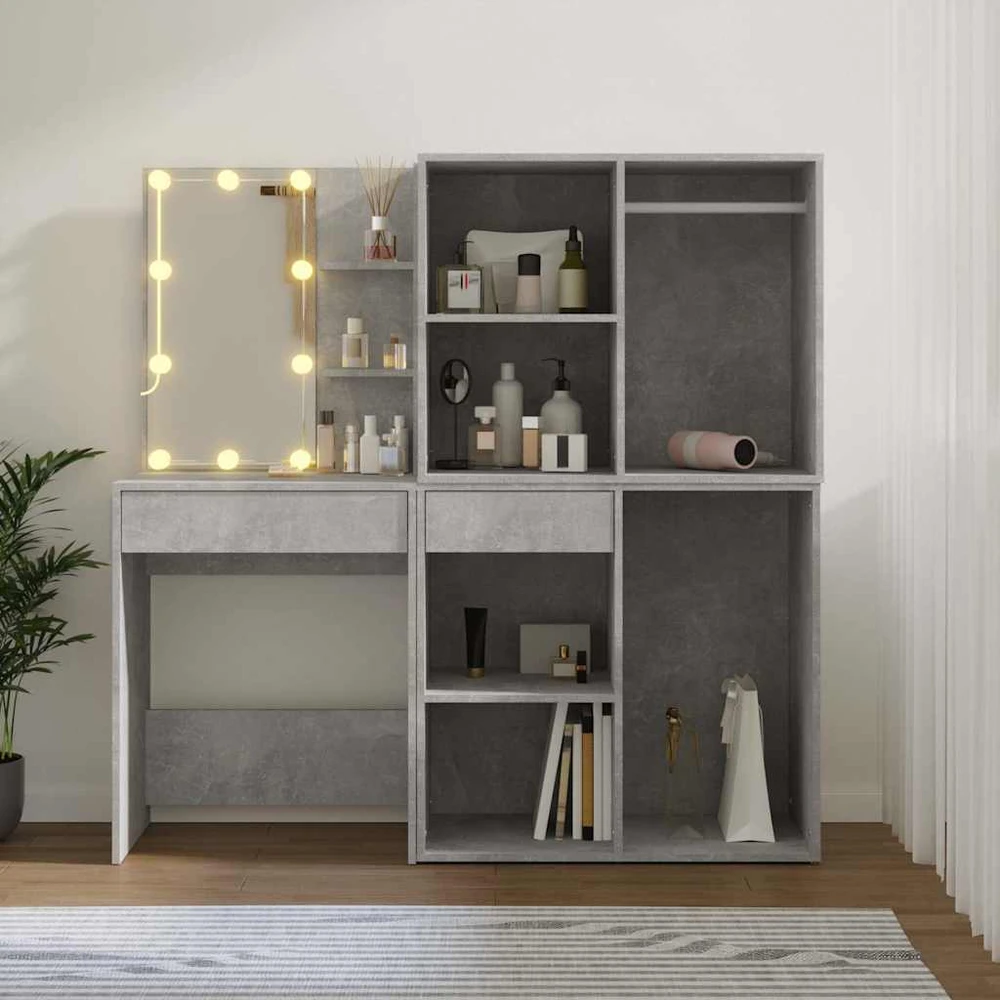 Kosmetinis staliukas su LED ir 2 spintelėmis, pilkas, mediena