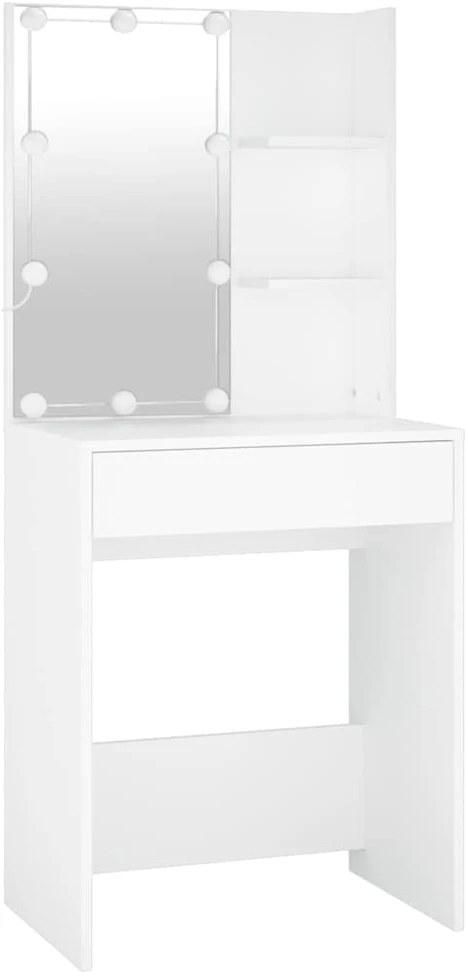 Kosmetinis staliukas su LED ir 2 spintelėmis, baltas, mediena