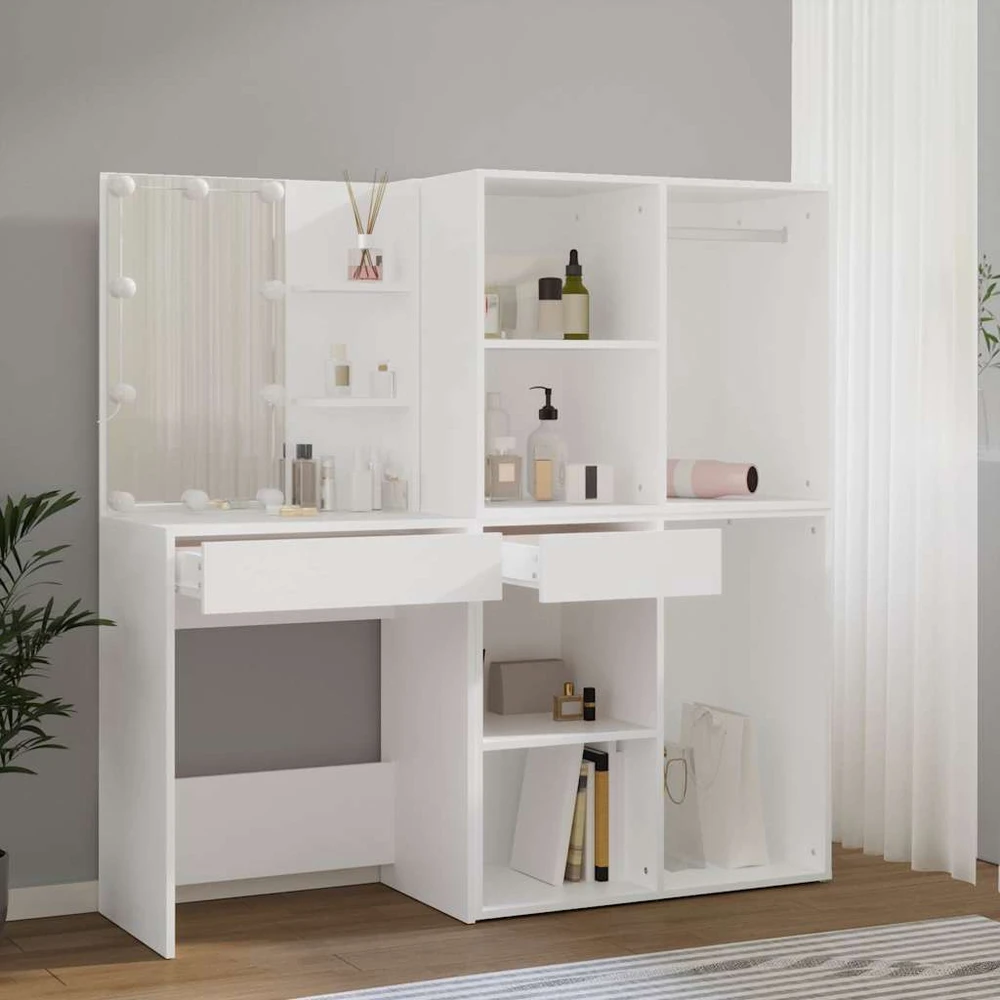 Kosmetinis staliukas su LED ir 2 spintelėmis, baltas, mediena