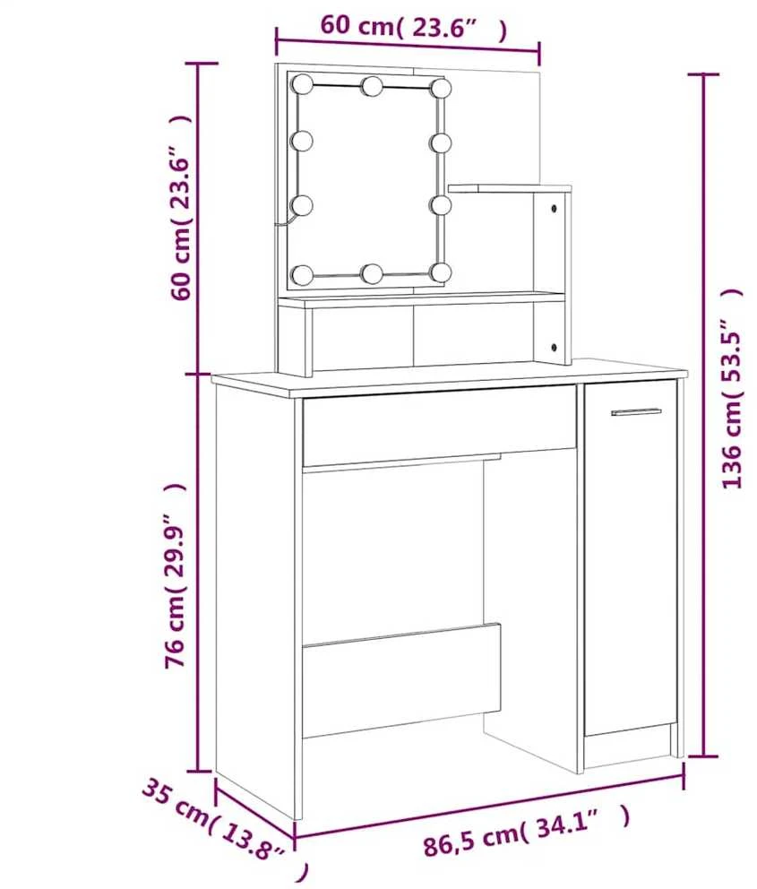 Kosmetinis staliukas su LED, juodas, 86,5x35x136cm