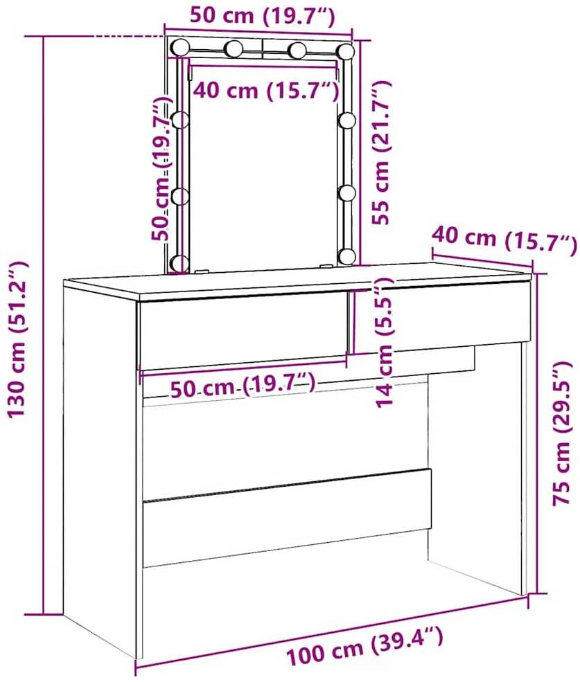 Kosmetinis staliukas su LED, juodos spalvos, 100x40x130cm