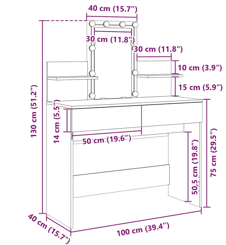 Kosmetinis staliukas su LED, juodos spalvos, 100x40x130cm