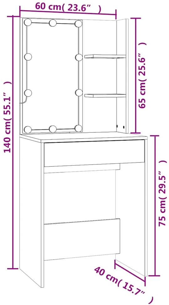 Kosmetinis staliukas su LED, juodos spalvos, 60x40x140cm