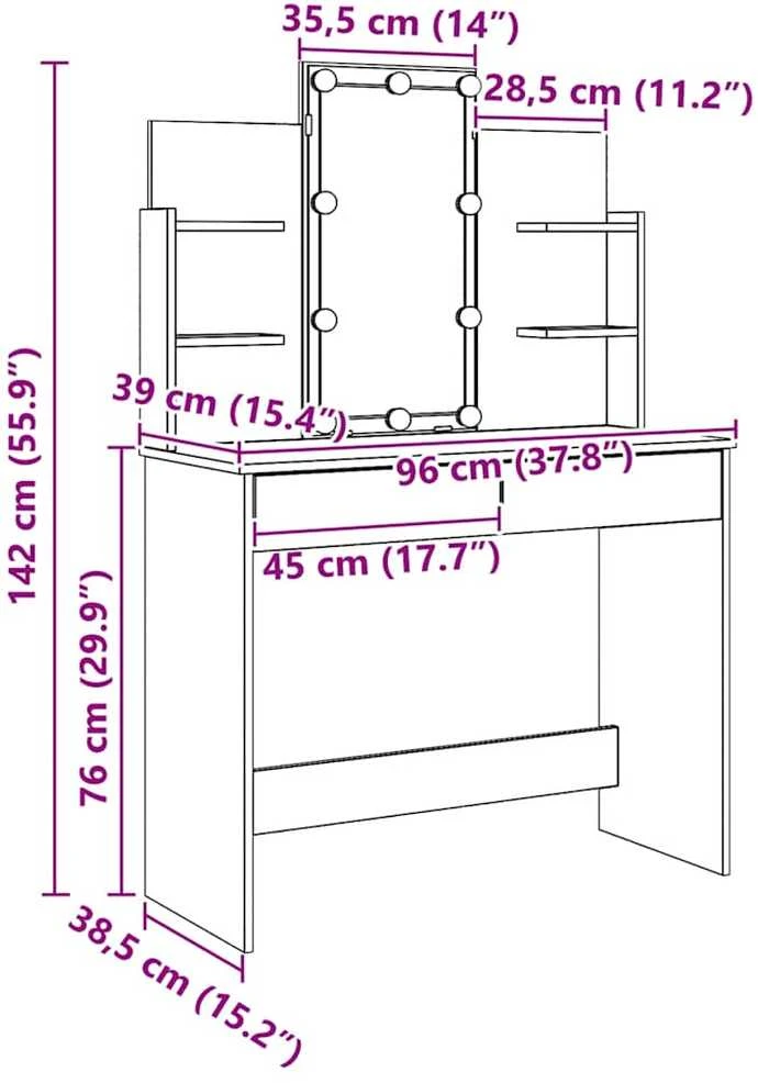 Kosmetinis staliukas su LED lemputėmis, artisano, 96x40x142cm