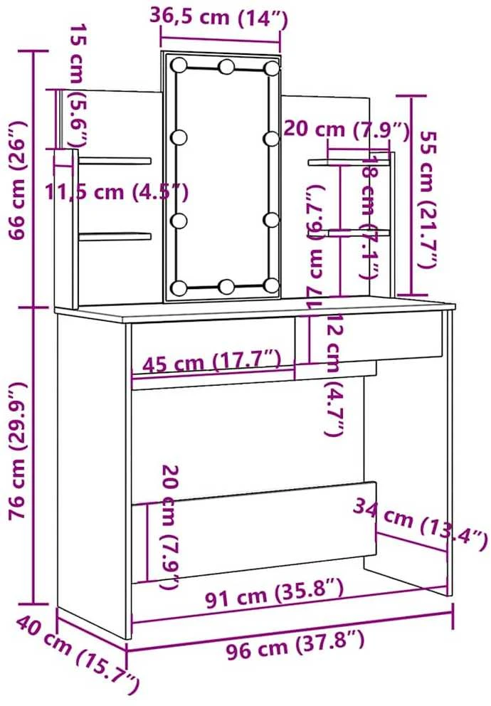 Kosmetinis staliukas su LED lemputėmis, ąžuolo, 96x40x142cm