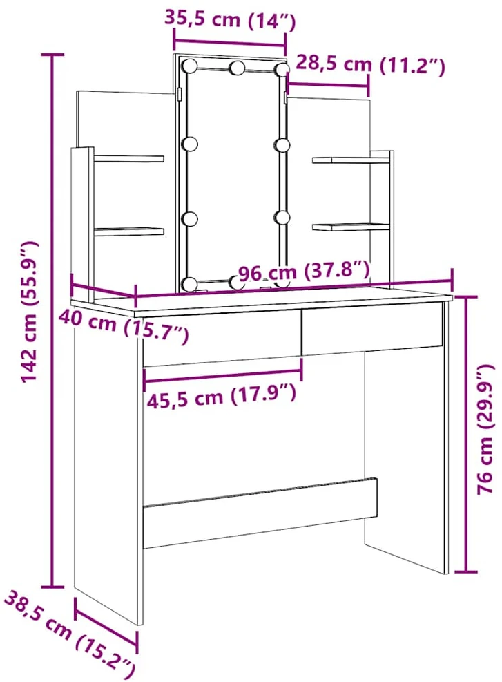 Kosmetinis staliukas su LED lemputėmis, medienos, 96x40x142cm