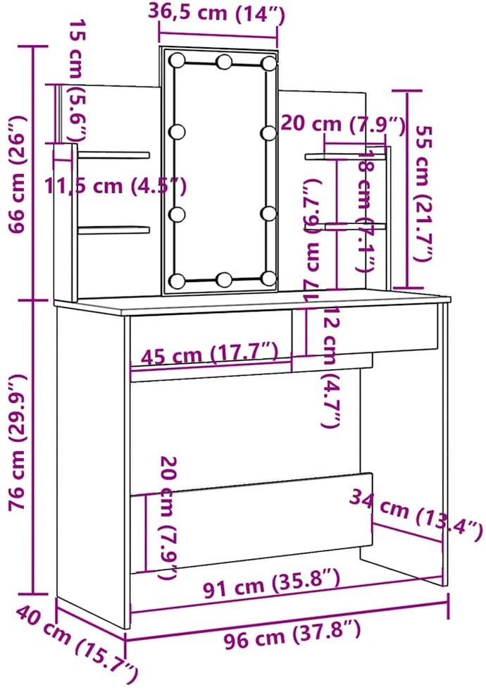 Kosmetinis staliukas su LED lemputėmis, dūminis, 96x40x142cm