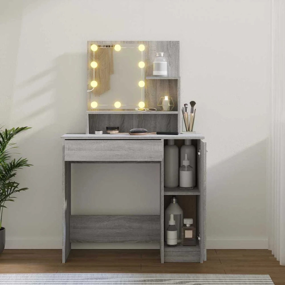 Kosmetinis staliukas su LED, pilkas ąžuolo, 86,5x35x136cm