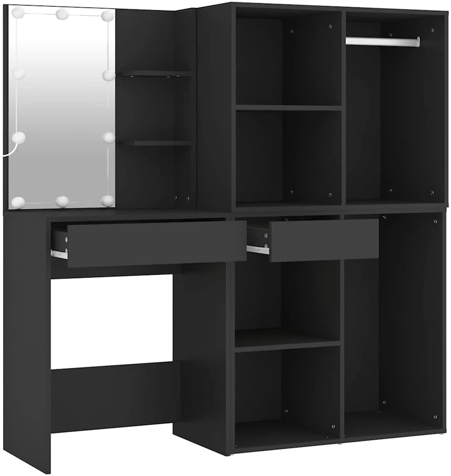 Kosmetinis staliukas su LED/spintelėmis, juodas, mediena