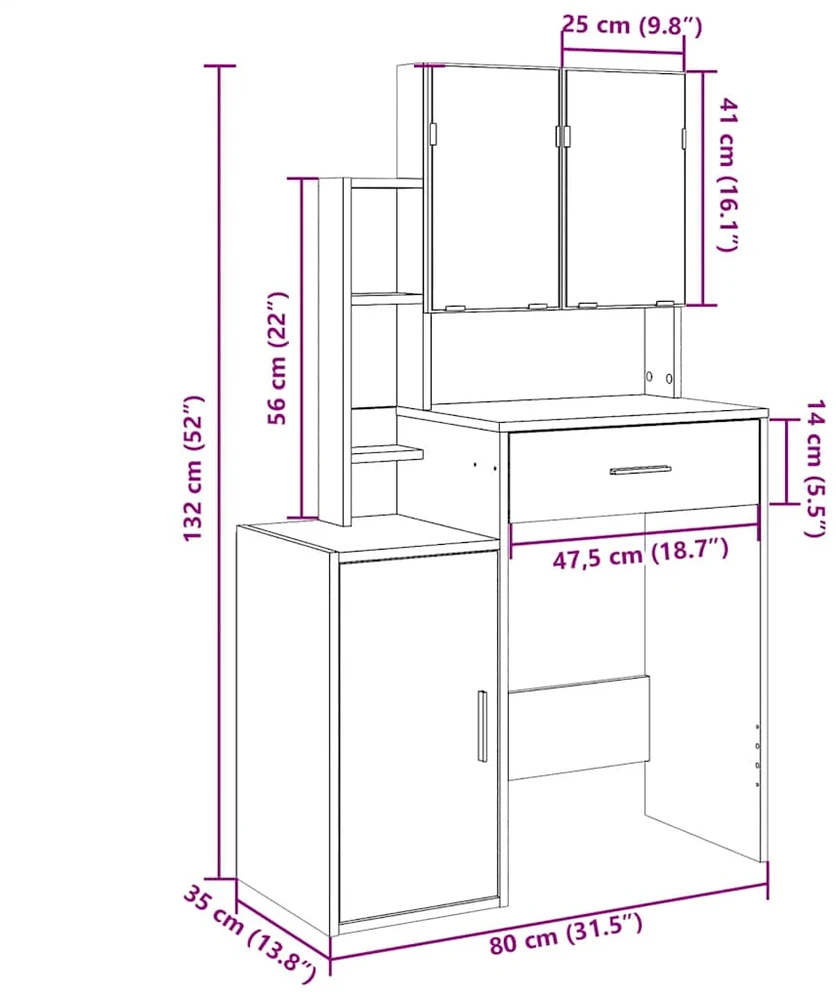 Kosmetinis staliukas su spintele, baltos spalvos, 80x35x132cm